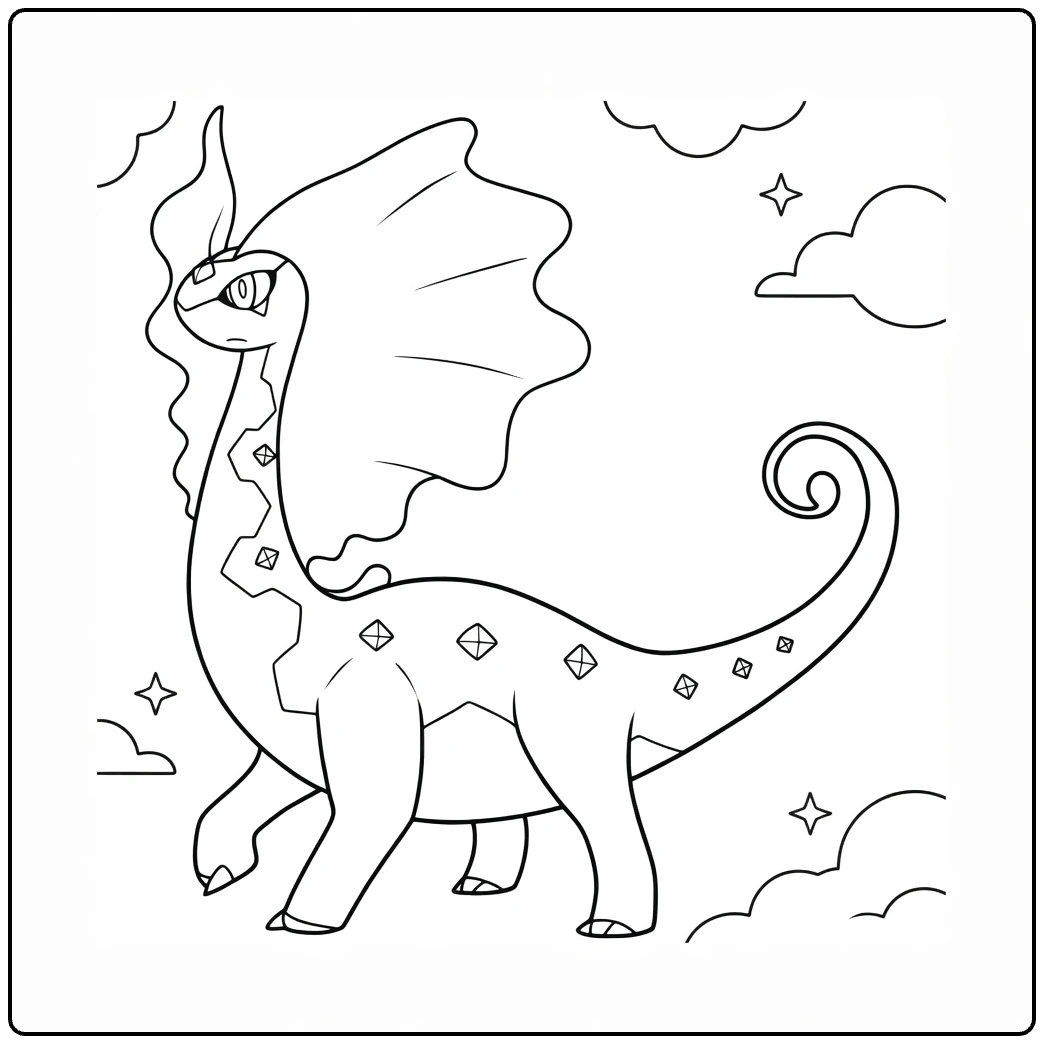 Aurorus kleurplaat: dino met zeilvin, wolken, sterren