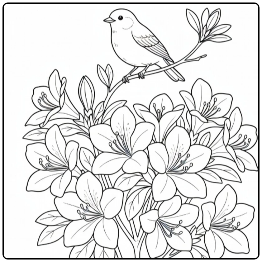 azalea kleurplaat met vogeltje op tak en bloeiende bloemen