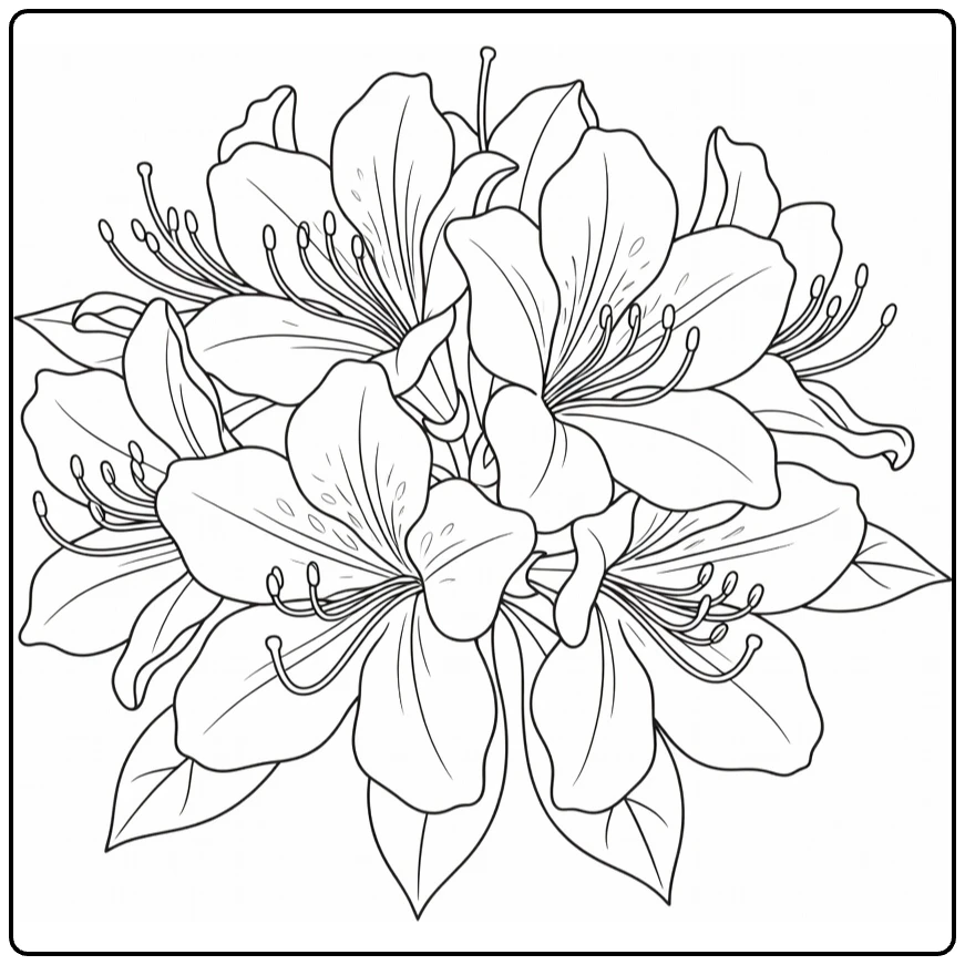 azalea kleurplaat met gebogen bloemen en bladeren