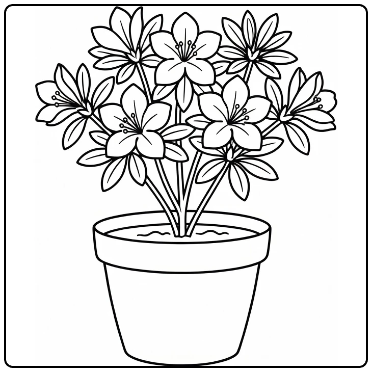Azalea kleurplaat van struik met bloemen in ronde pot