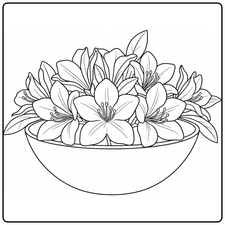 azalea kleurplaat met bloemen in ondiepe kom