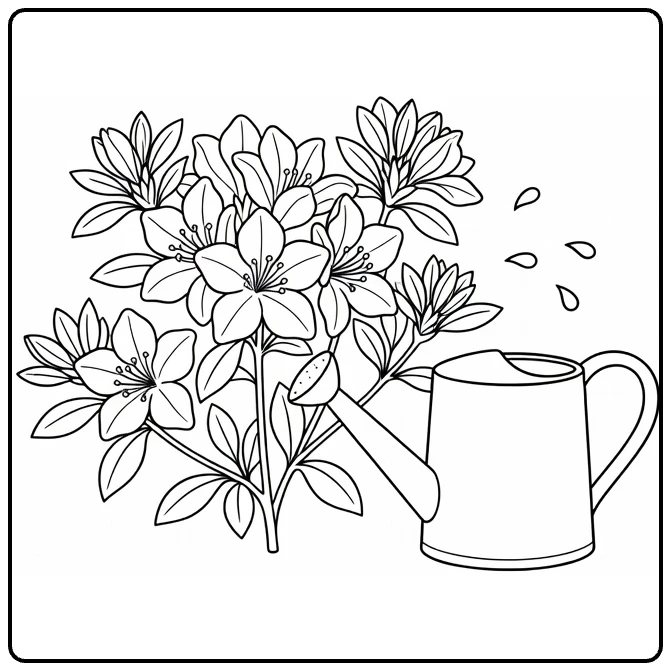 azalea kleurplaat met gieter naast bloeiende plant