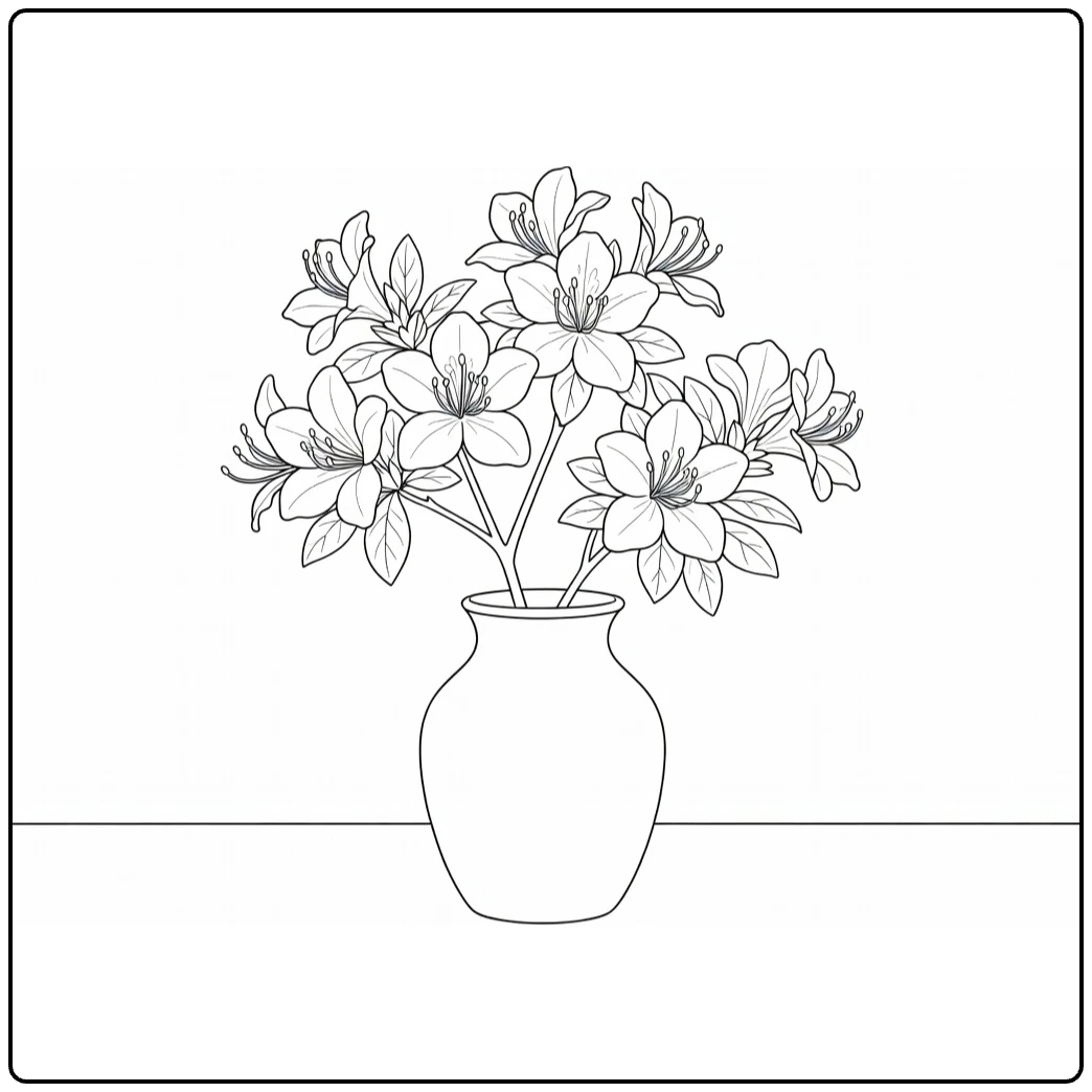 Azalea kleurplaat met bloeiende tak in keramische vaas