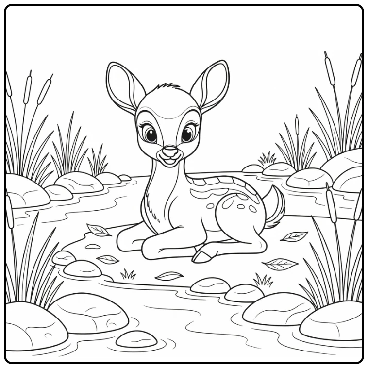 Bambi kleurplaat: schattig hertje bij beek met stenen, riet