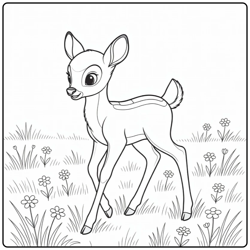 Bambi kleurplaat: jong hertje eerste stappen wei bloemen