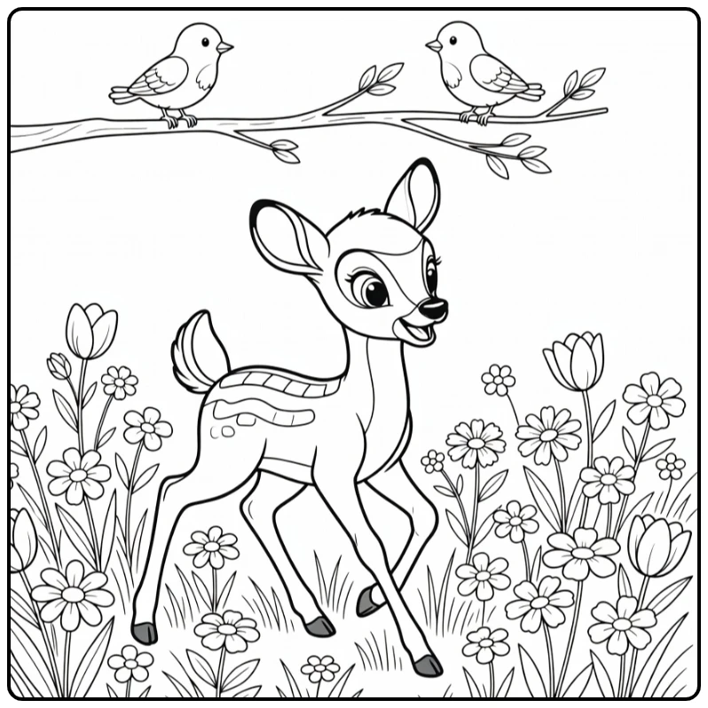 Bambi kleurplaat: vrolijk hertje door lentebloemen met vogels