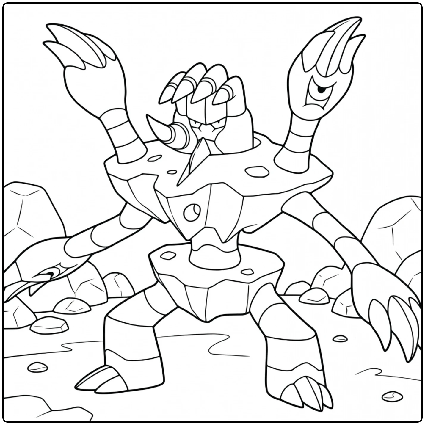 Barbaracle kleurplaat: rots-Pokémon met klauwen en armen