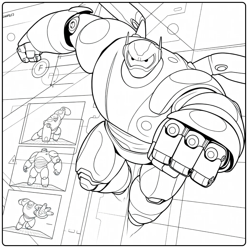 Baymax Kleurplaat met Baymax in actiepose en schetsen