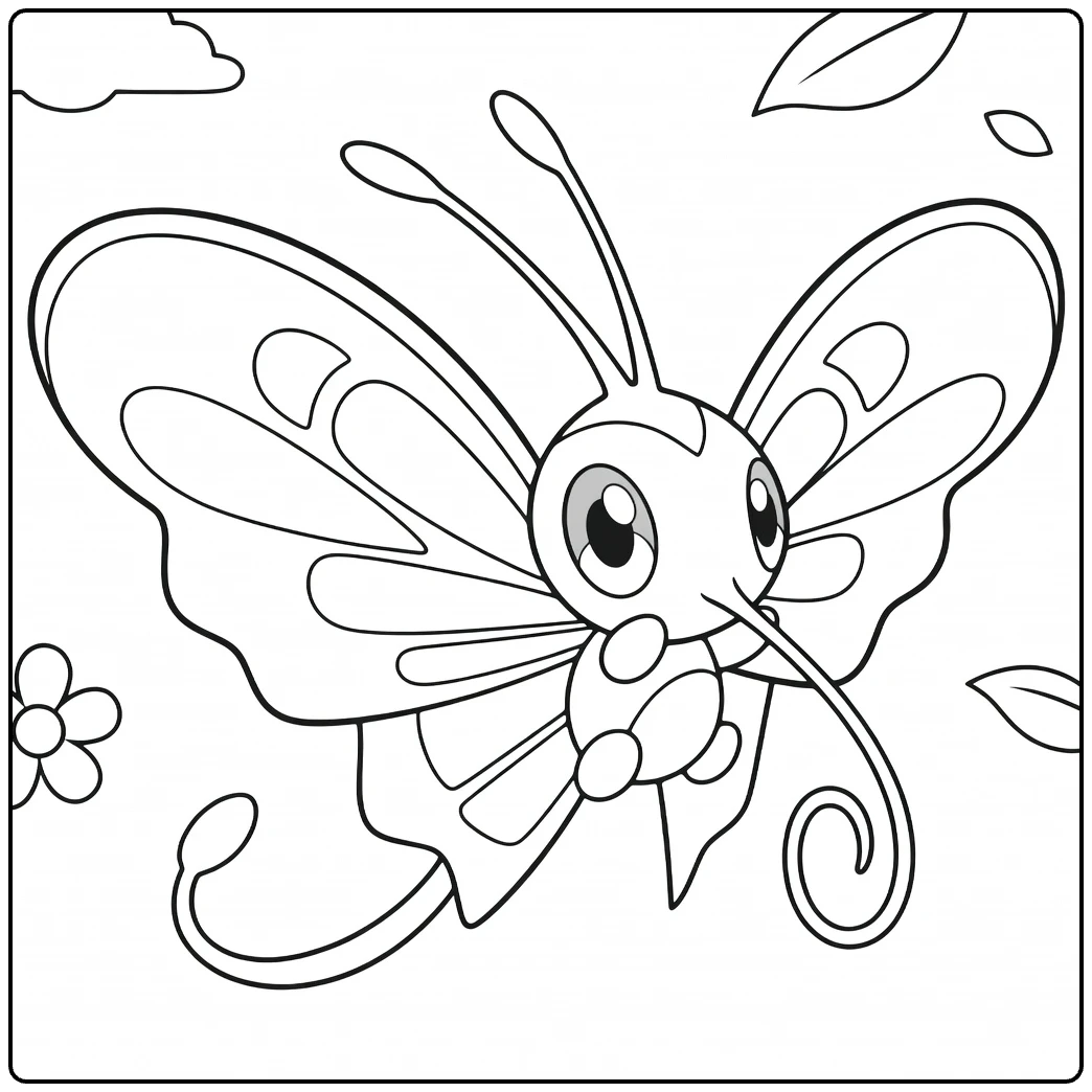 Beautifly kleurplaat: Pokémon vlinder met bloemen en bladeren