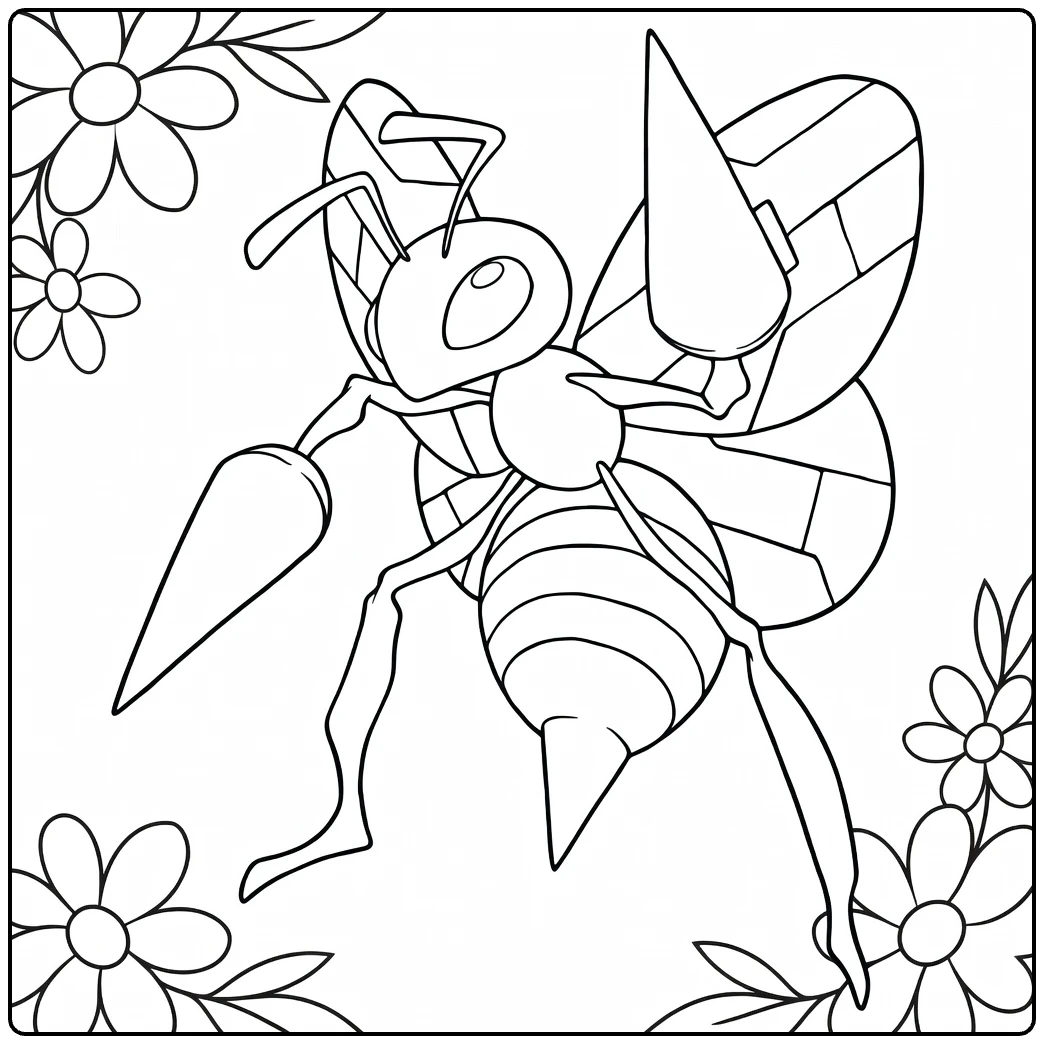 Beedrill kleurplaat: Pokémon wesp met bloemen en angel