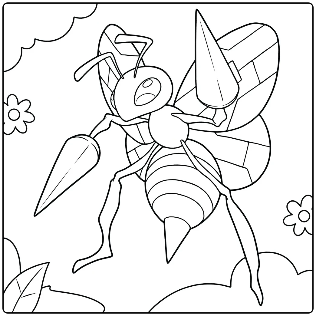 Beedrill Kleurplaat: vliegende Pokémon bij met angel