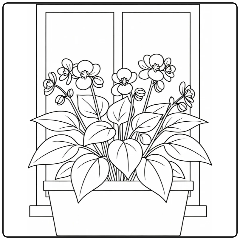 begonia kleurplaat met bloemen in vensterbank