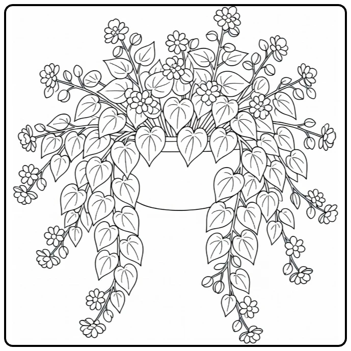 Begonia kleurplaat hangmand met bloemen en bladeren