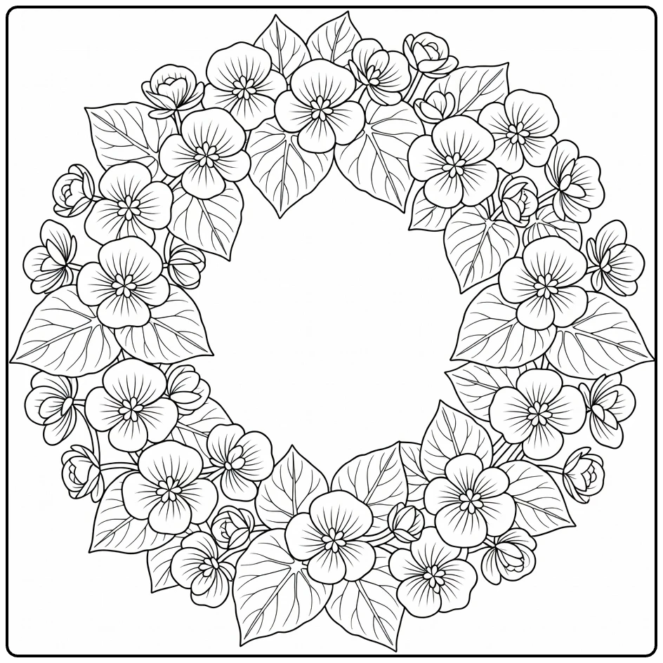 Begonia kleurplaat met ronde bloemkrans en brede bladeren