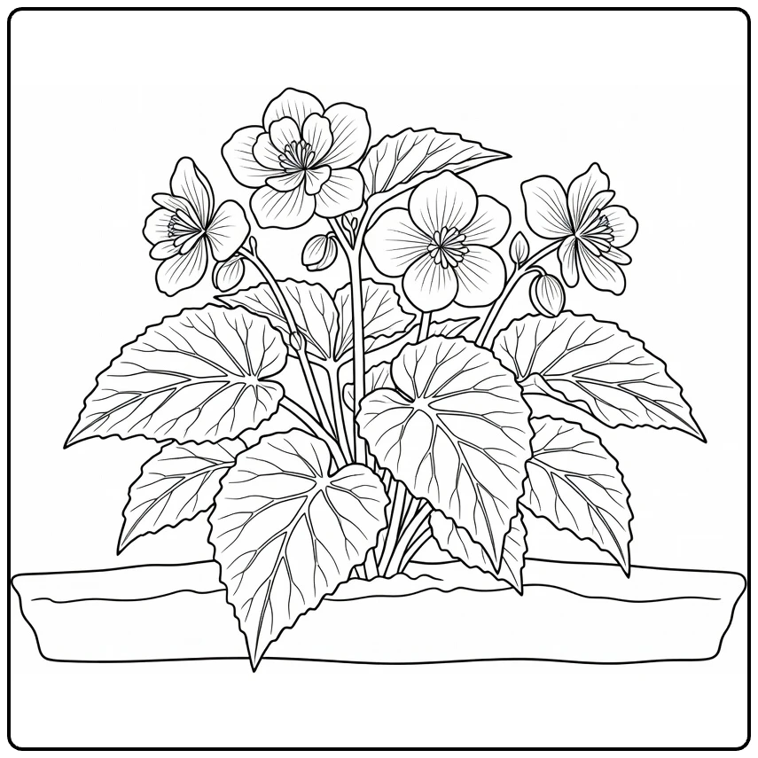 Begonia kleurplaat met bloemen en bladeren in tuinbed