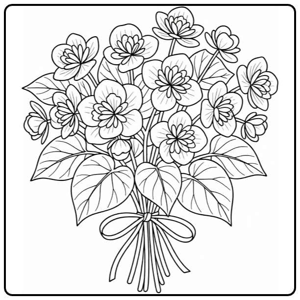 begonia kleurplaat boeket met lint en hartbladeren