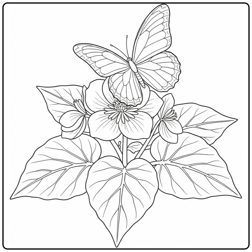 begonia kleurplaat met vlinder op bloem en bladeren