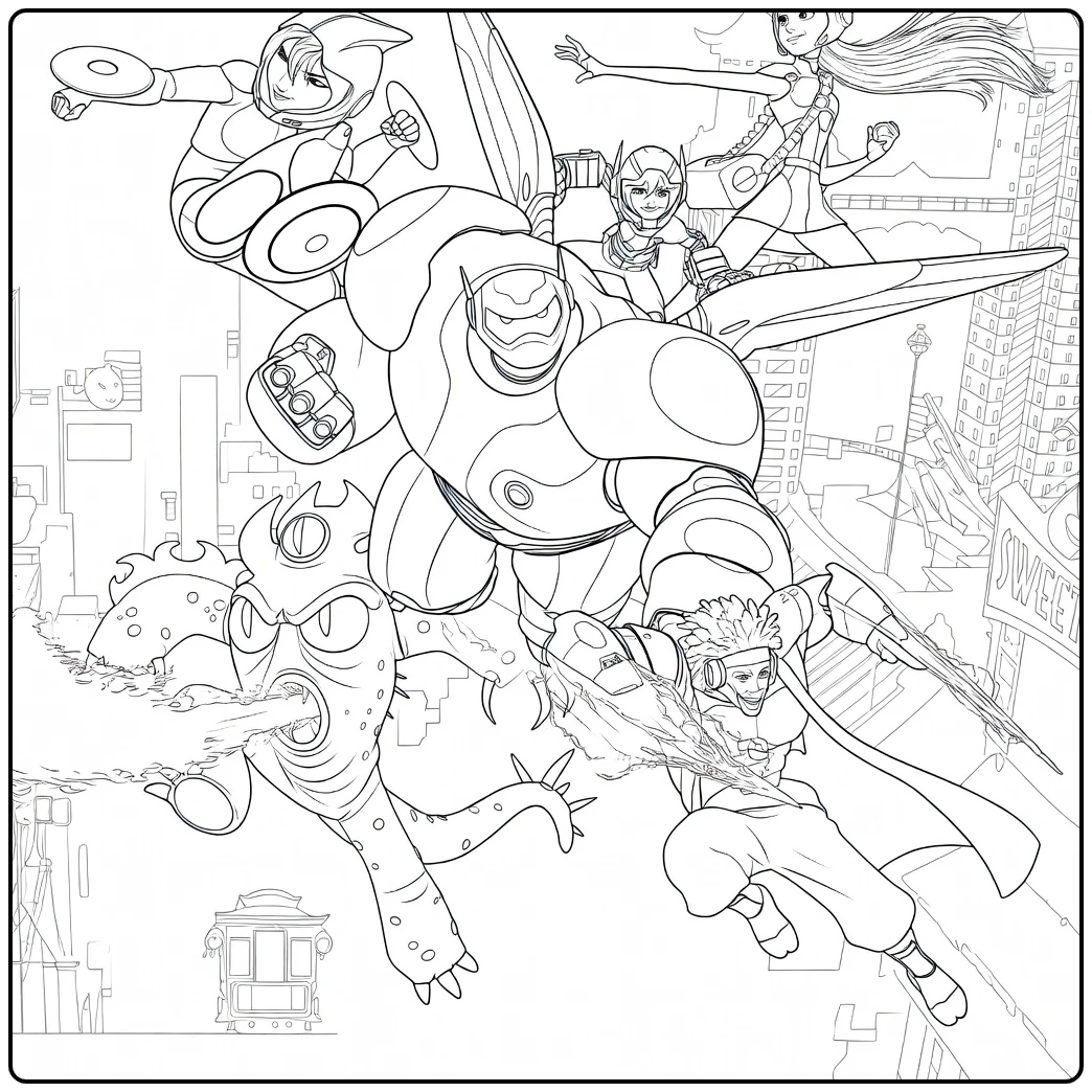 Big Hero 6 Kleurplaat met Baymax en superhelden