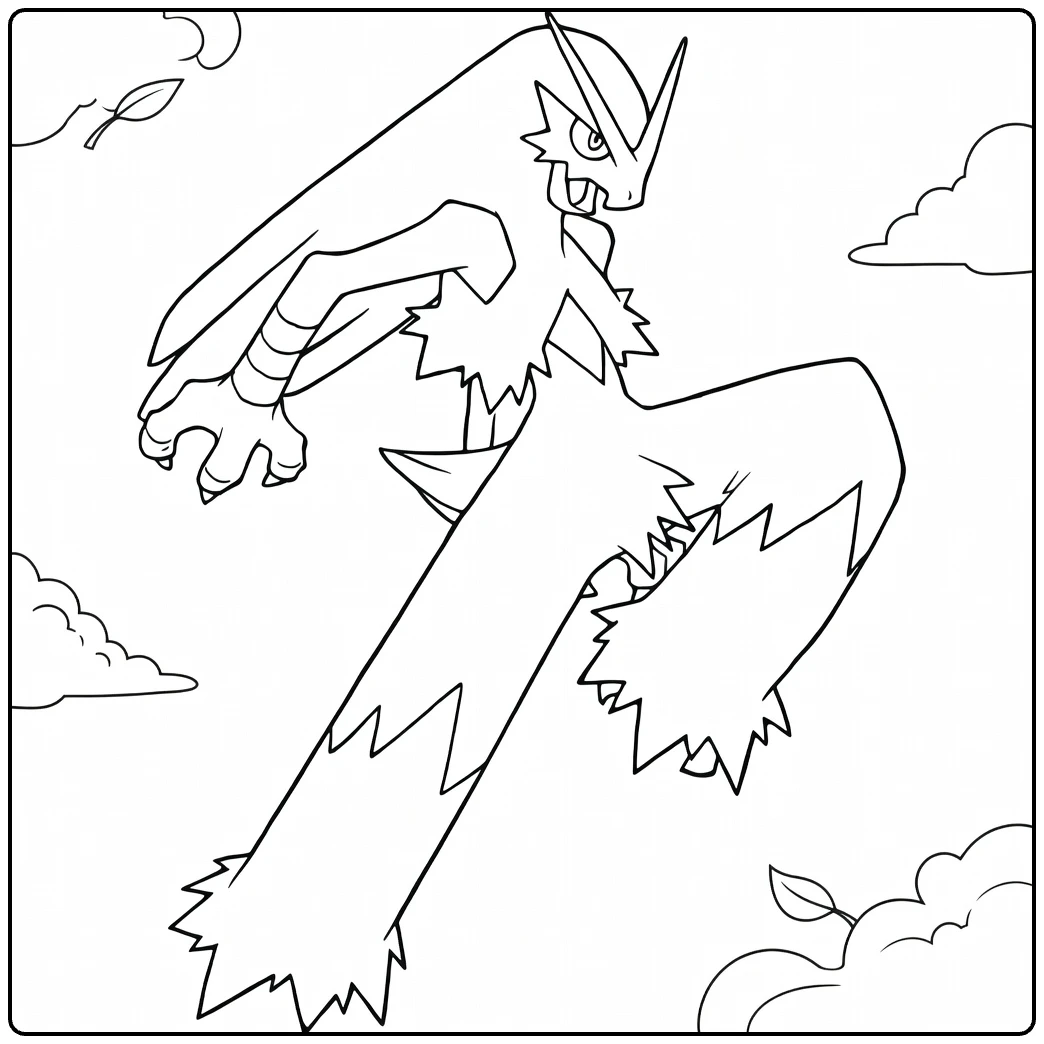 Blaziken Kleurplaat: Dynamische Pokémon in vechtpose met wolken