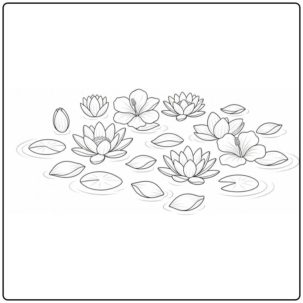 bloemblaadjes kleurplaat met lotus waterlelie en hibiscus op vijver