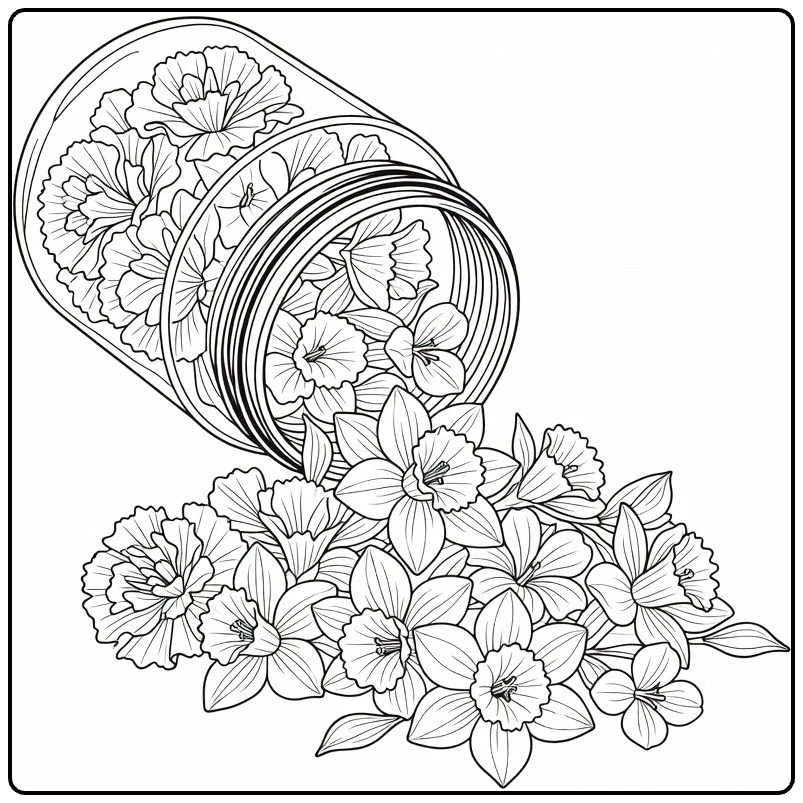 bloemblaadjes kleurplaat glazen pot met anjer narcis viooltjes