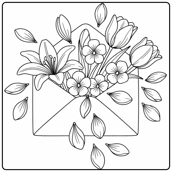bloemblaadjes kleurplaat decoratieve envelop met lelie tulp viooltjes