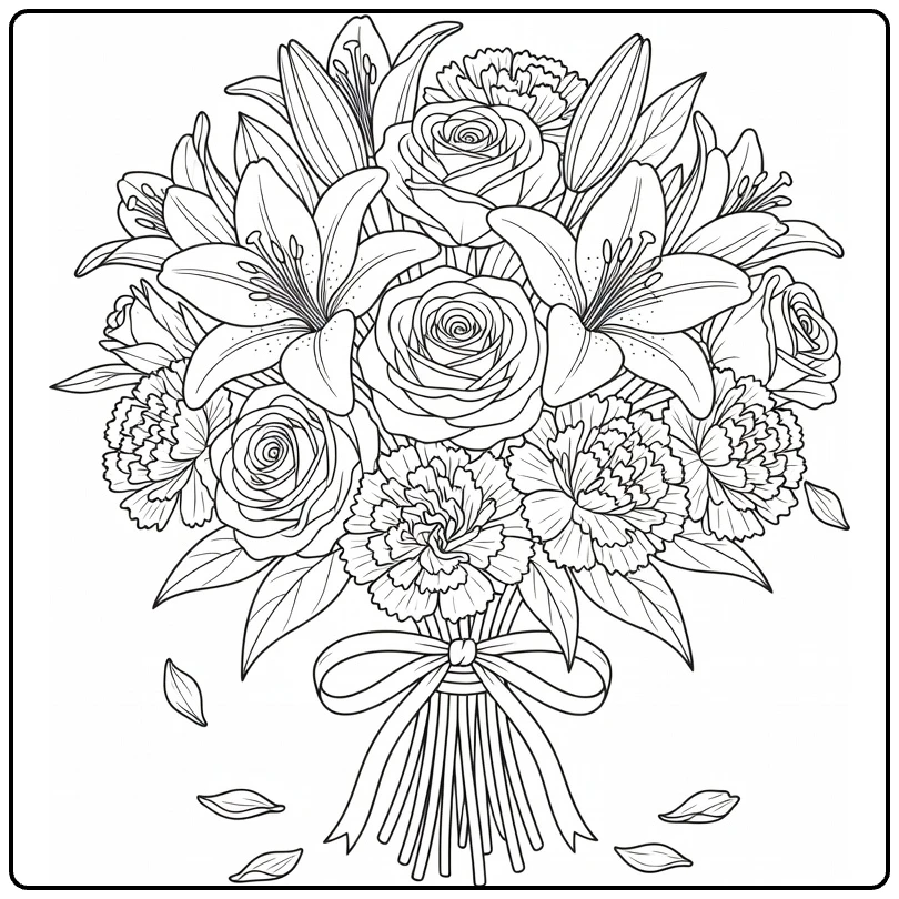 bloemen makkelijk kleurplaat ronde boeket lelies rozen anjers