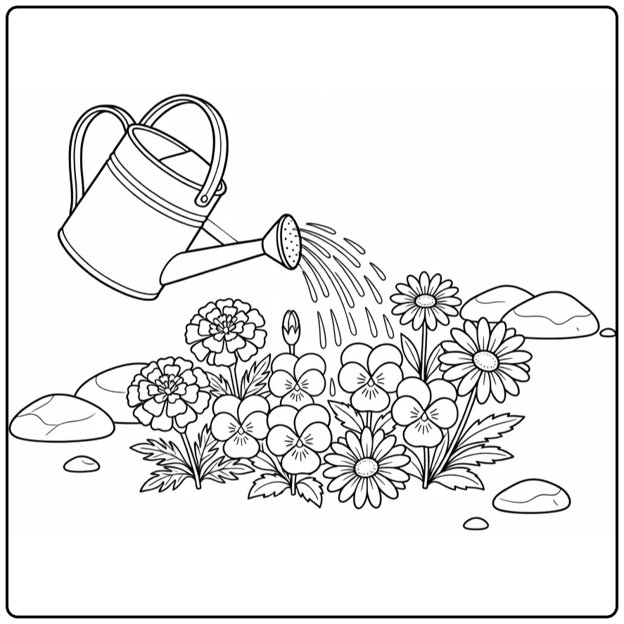 bloemen makkelijk kleurplaat gieter met goudsbloemen en madeliefjes