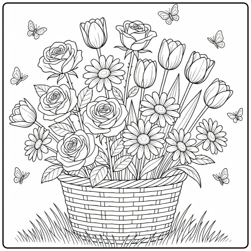 bloemen makkelijk kleurplaat mand met rozen en tulpen