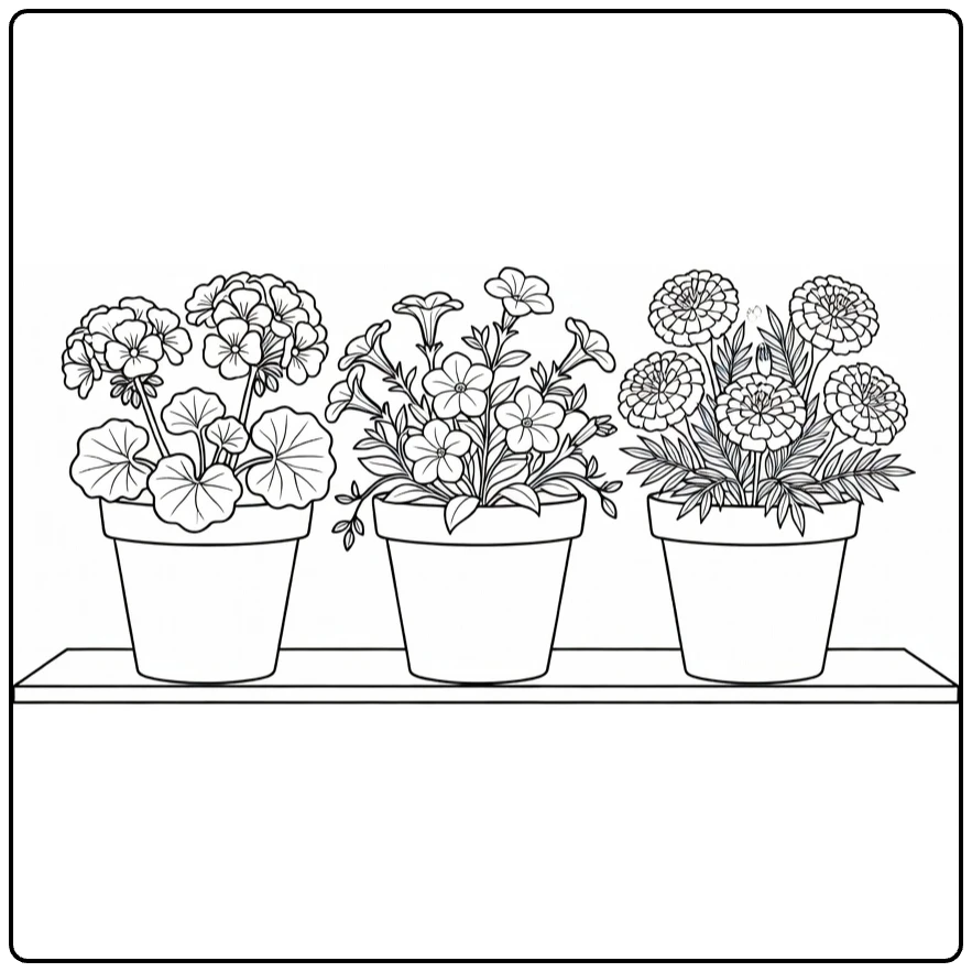 bloemen makkelijk kleurplaat met drie bloempotten op de trap