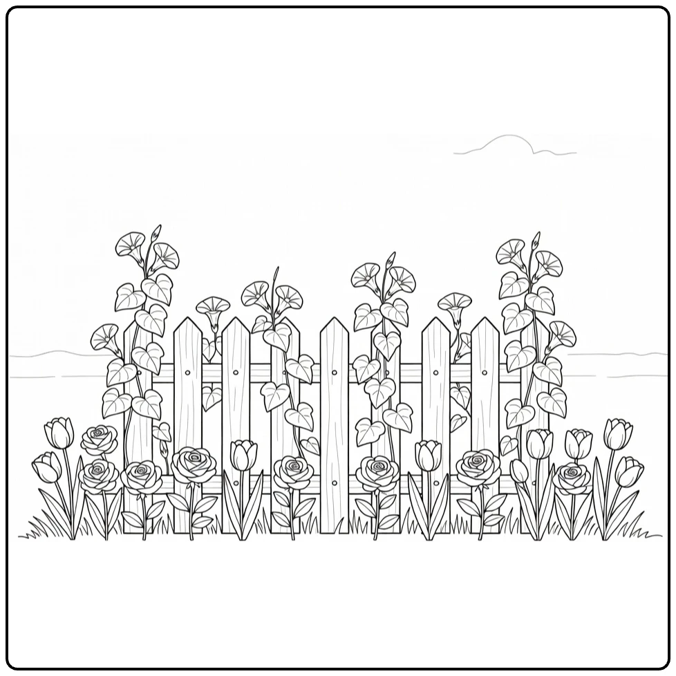 bloemen makkelijk kleurplaat met houten hek en bloemen