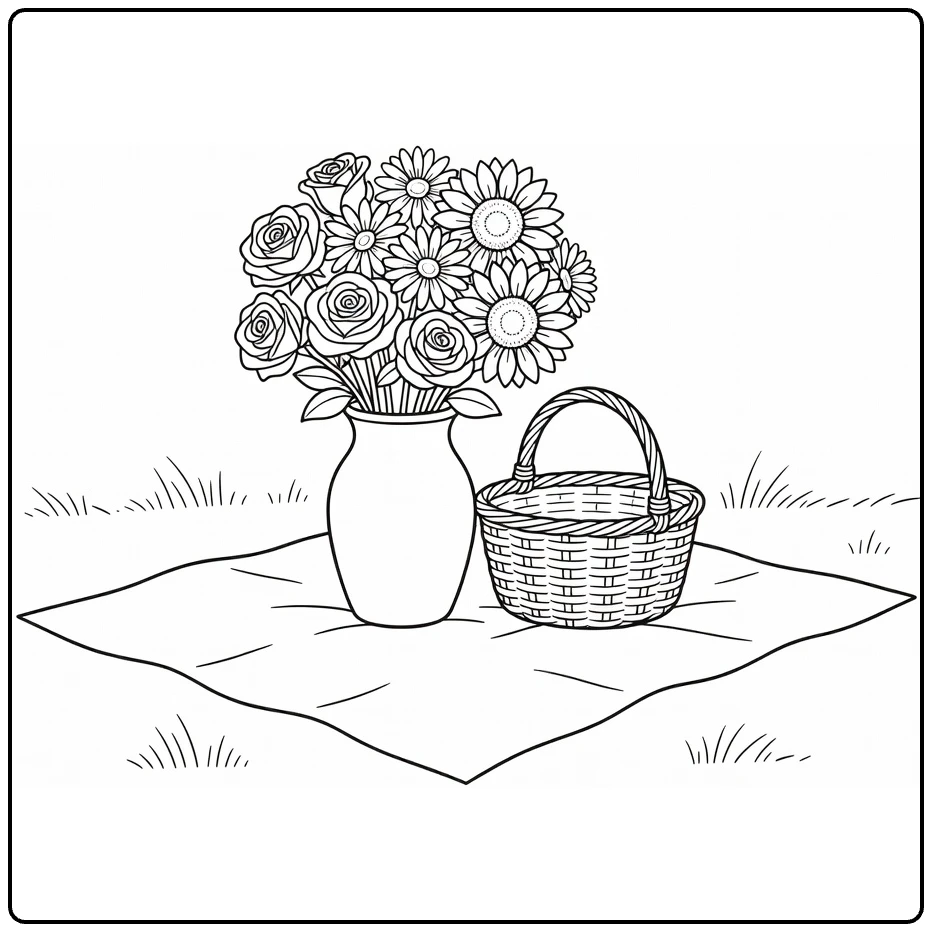 bloemen makkelijk kleurplaat met vaas rozen en mand