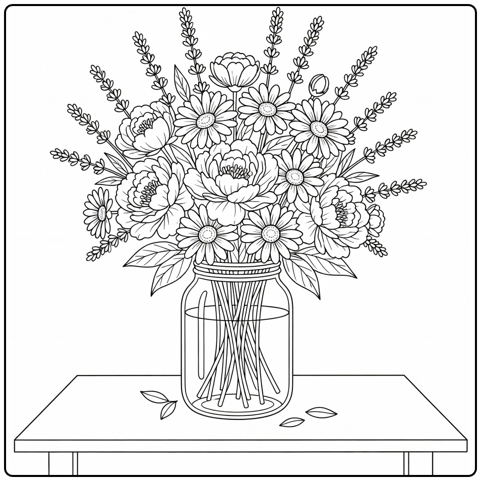 bloemen makkelijk kleurplaat met pioenrozen in glazen vaas