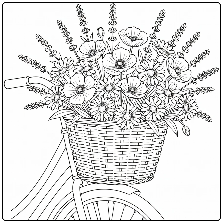 bloemen makkelijk kleurplaat fietsmand met klaprozen en lavendel