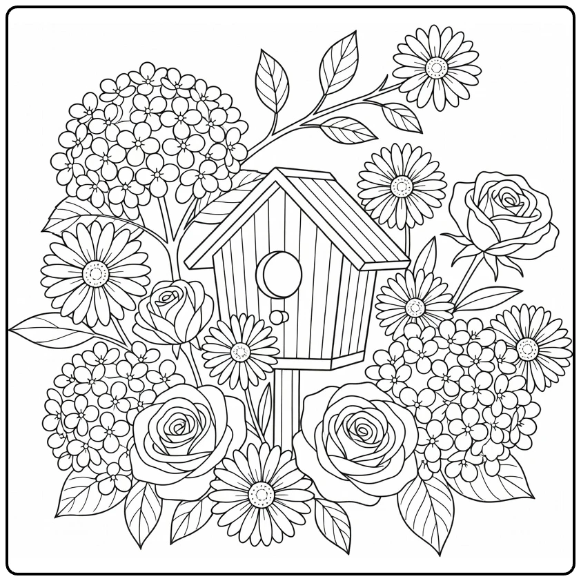 bloemen makkelijk kleurplaat met vogelhuisje en rozen