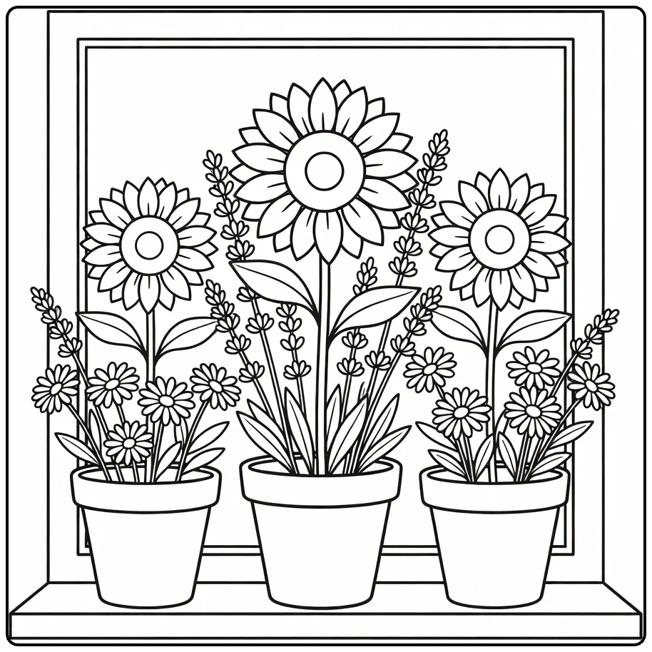 bloemen makkelijk kleurplaat met zonnebloemen en lavendel