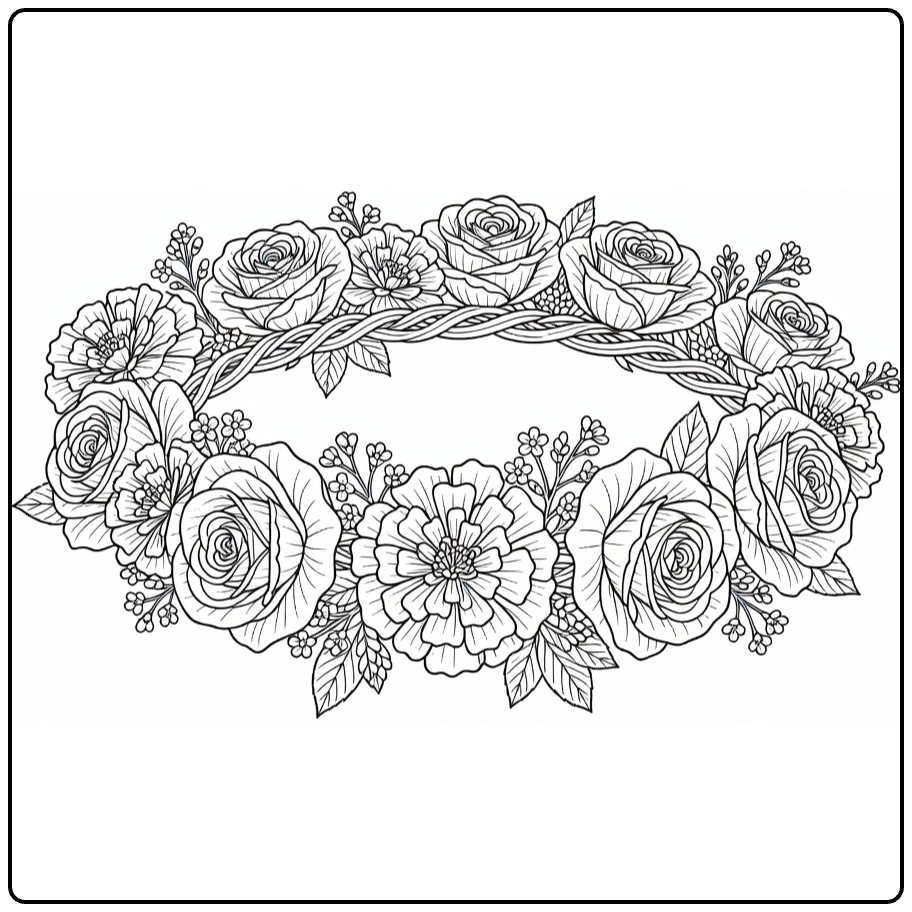 bloemen moeilijk kleurplaat bloemenkrans met rozen en goudsbloemen