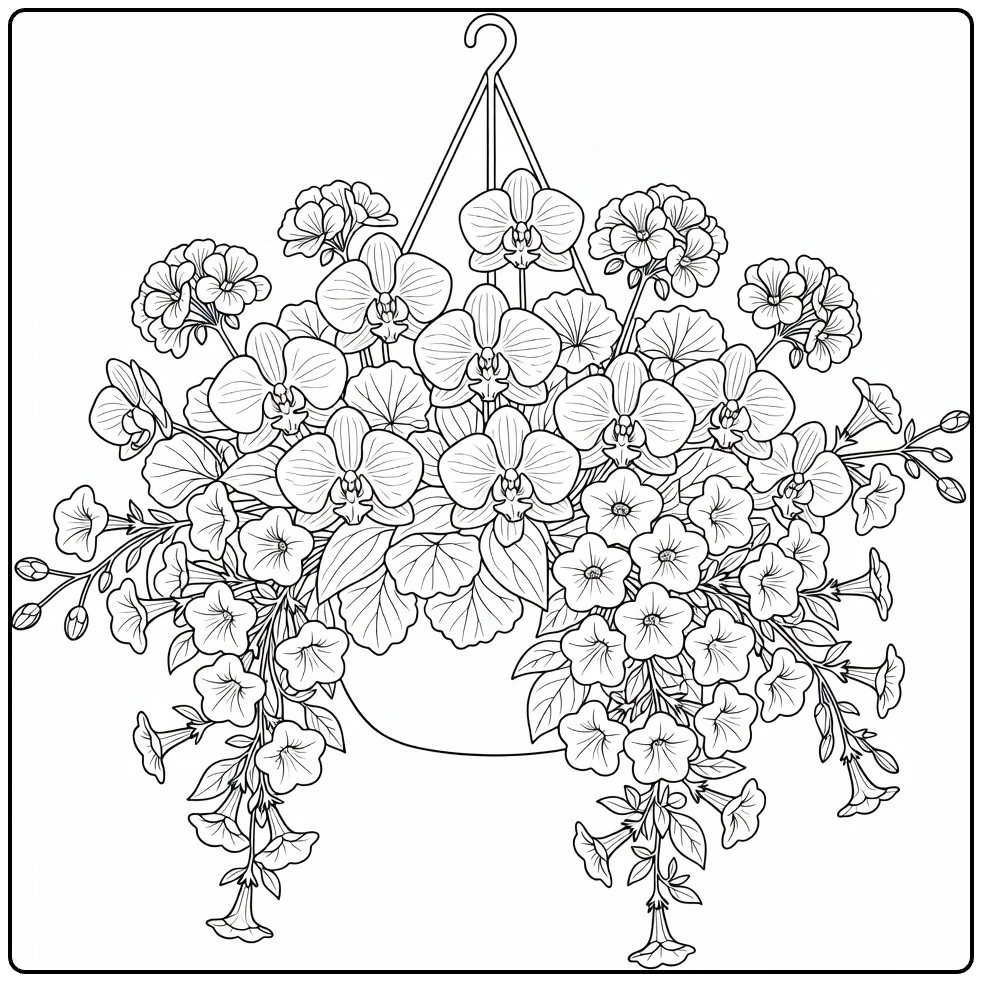 bloemen moeilijk kleurplaat hangmand orchideeën geraniums petunia