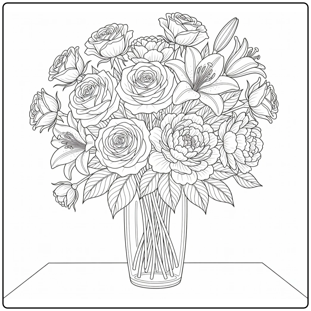 bloemen moeilijk kleurplaat van rozen lelies en pioenrozen