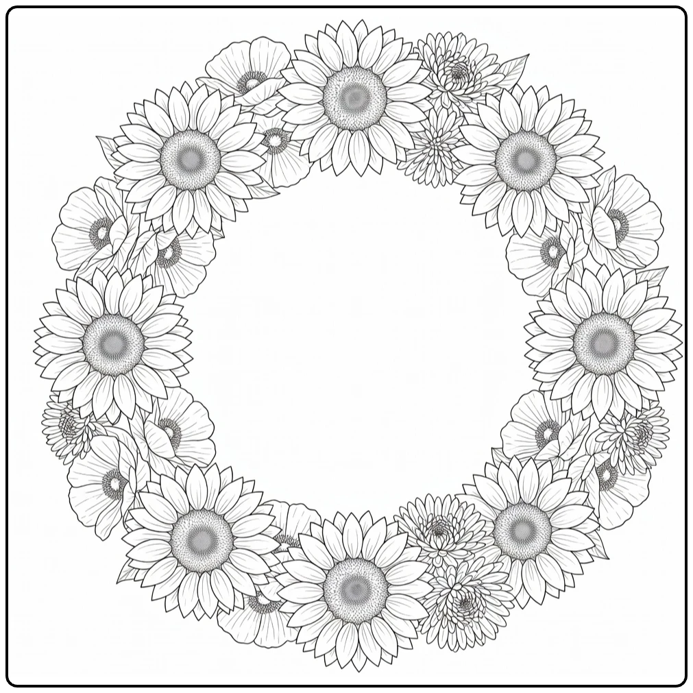 bloemen moeilijk kleurplaat ronde krans zonnebloemen klaprozen
