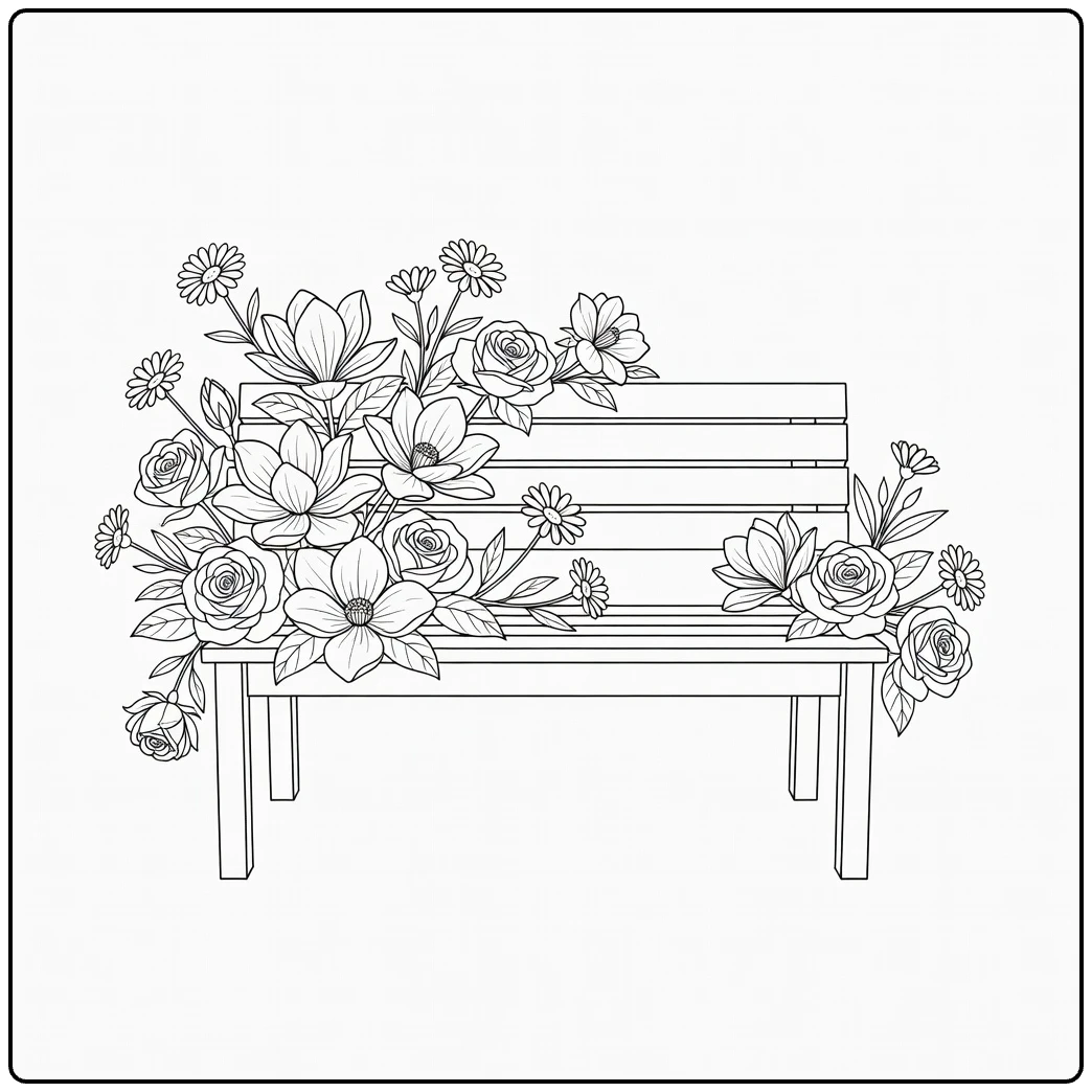 bloemen moeilijk kleurplaat versierde tuinbank met rozen