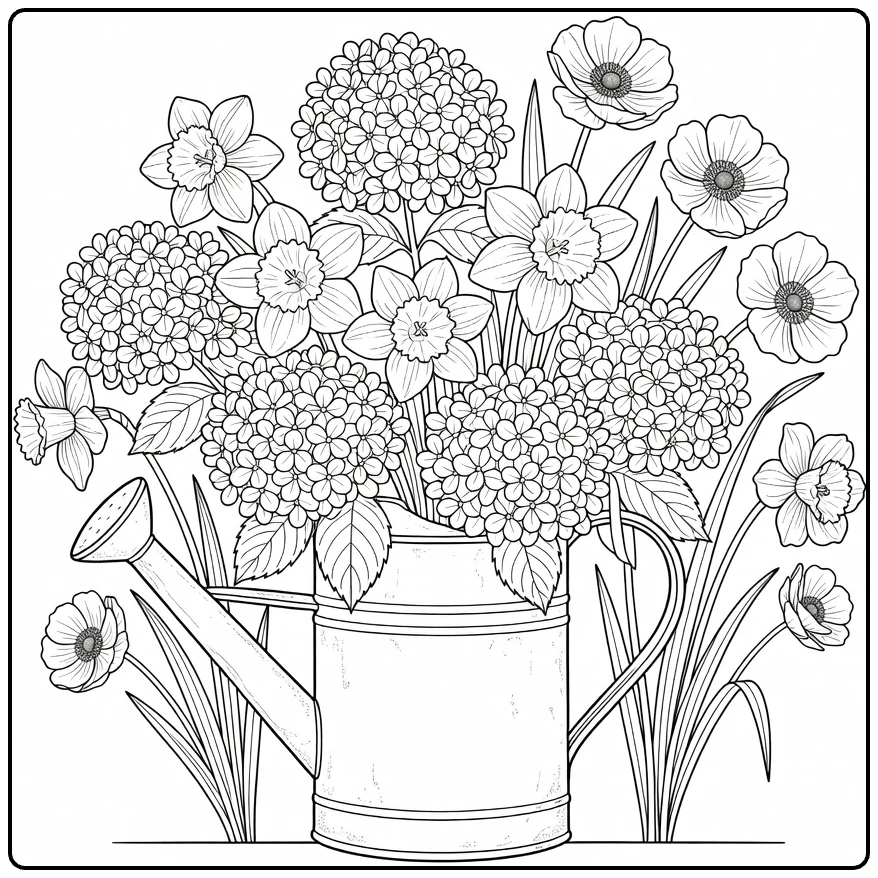 bloemen moeilijk kleurplaat met rustieke gieter en bloemen