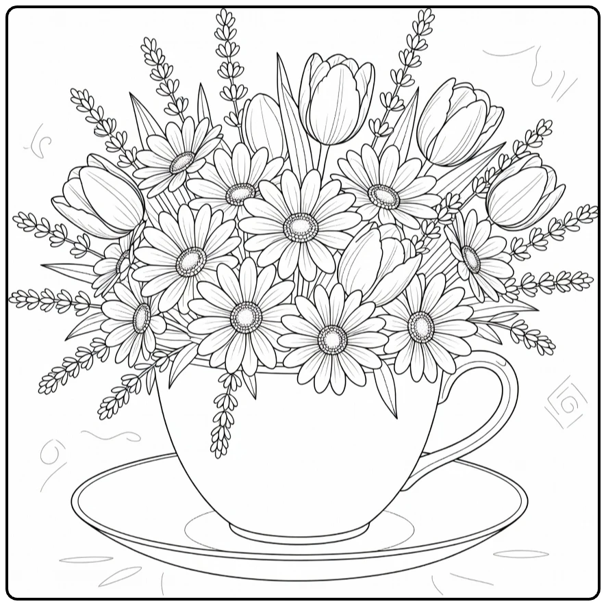 bloemen moeilijk kleurplaat vintage theekopje met madeliefjes