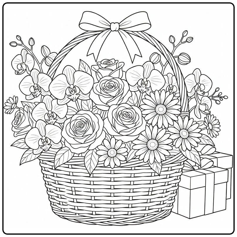 bloemen verjaardag kleurplaat met bloemenmand en cadeaus