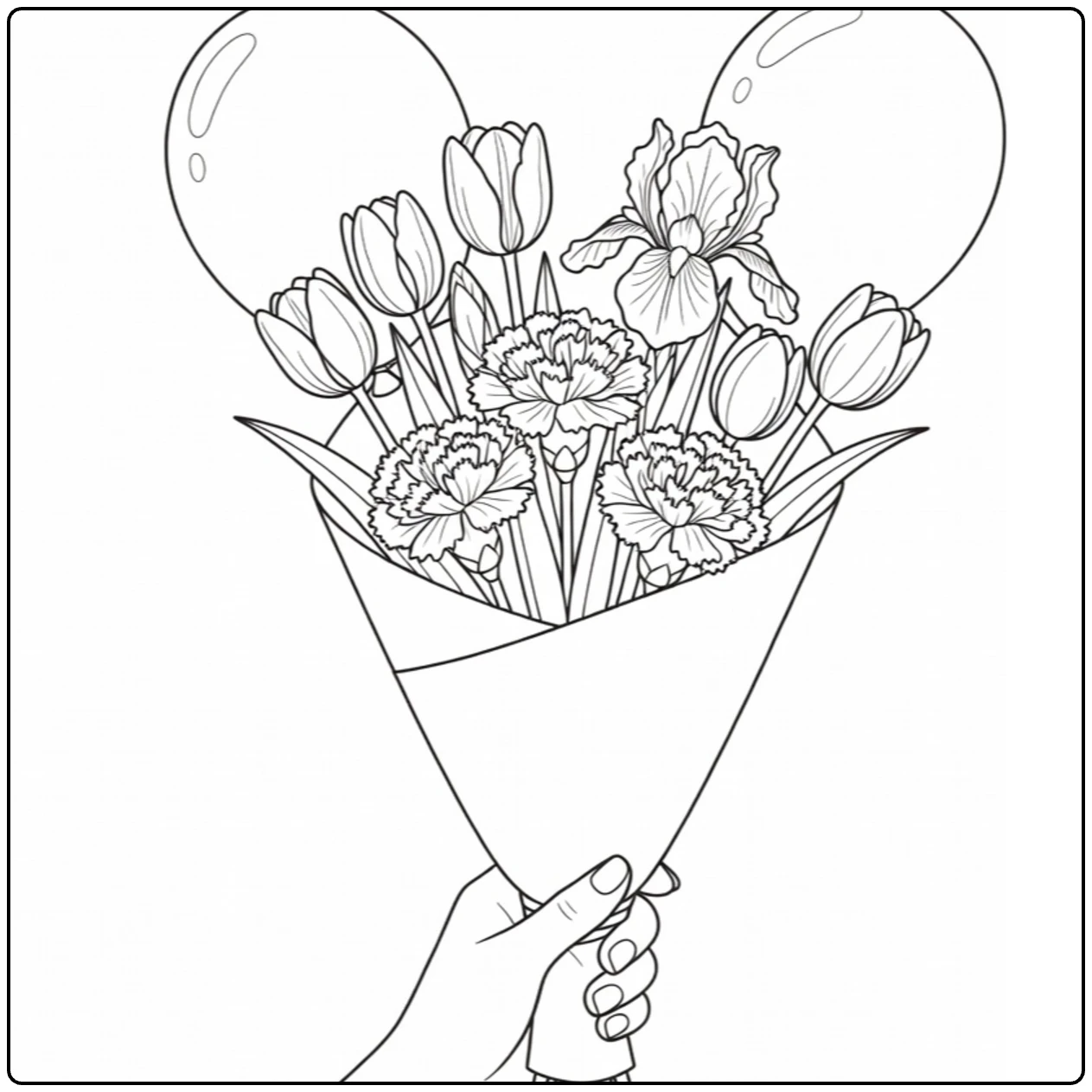 bloemen verjaardag kleurplaat hand met boeket tulpen irissen