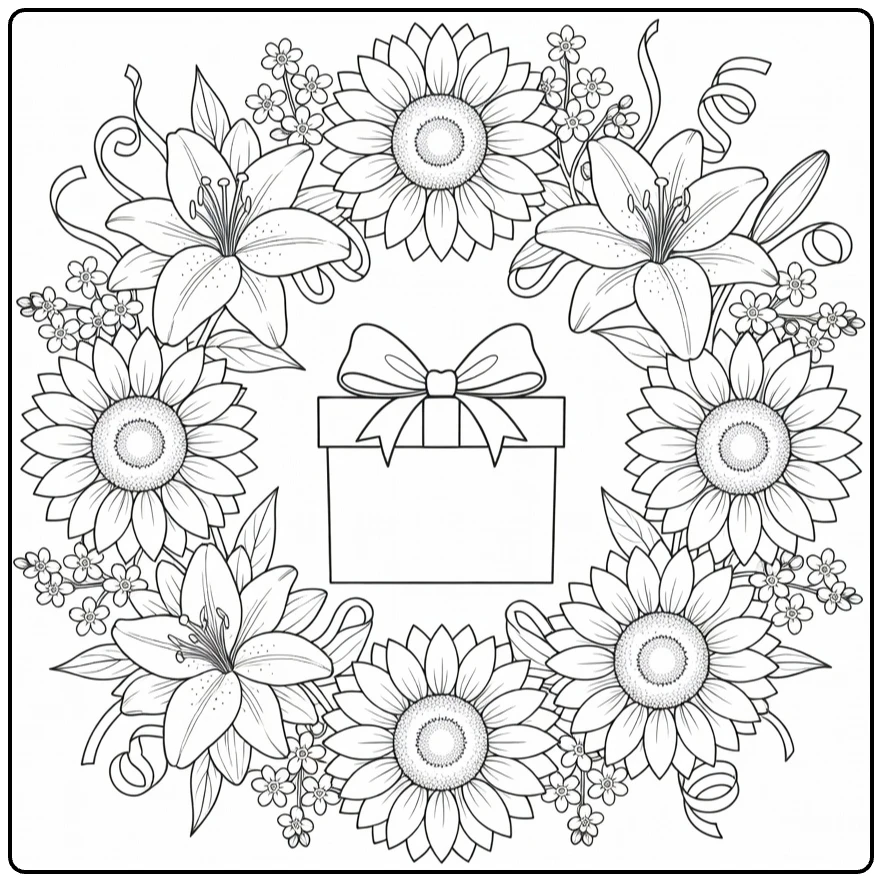 bloemen verjaardag kleurplaat met krans van zonnebloemen