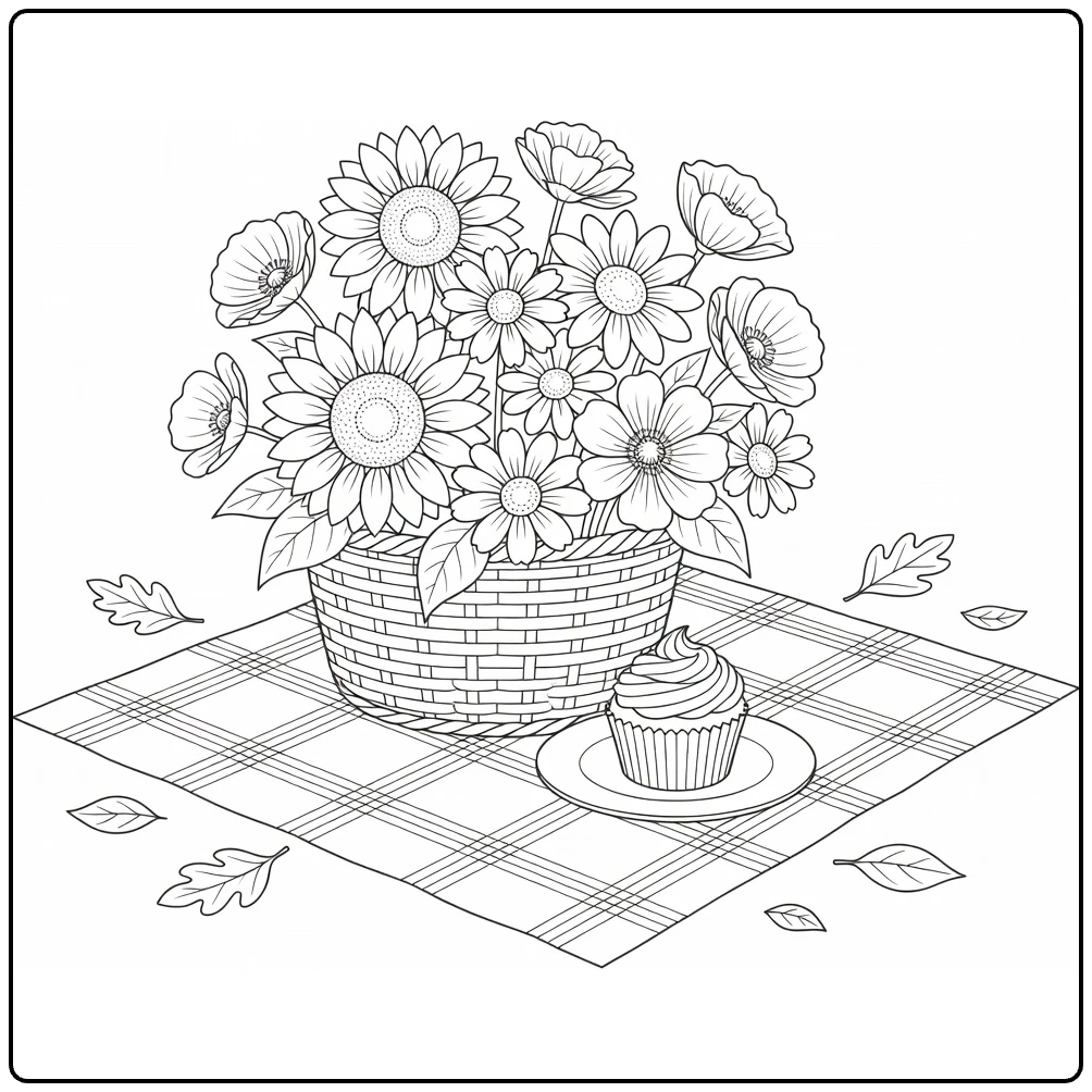 bloemen verjaardag kleurplaat picknick mand bloemen cupcake