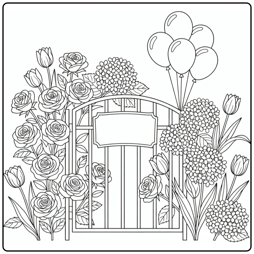 bloemen verjaardag kleurplaat tuinpoort met bloemen en ballonnen
