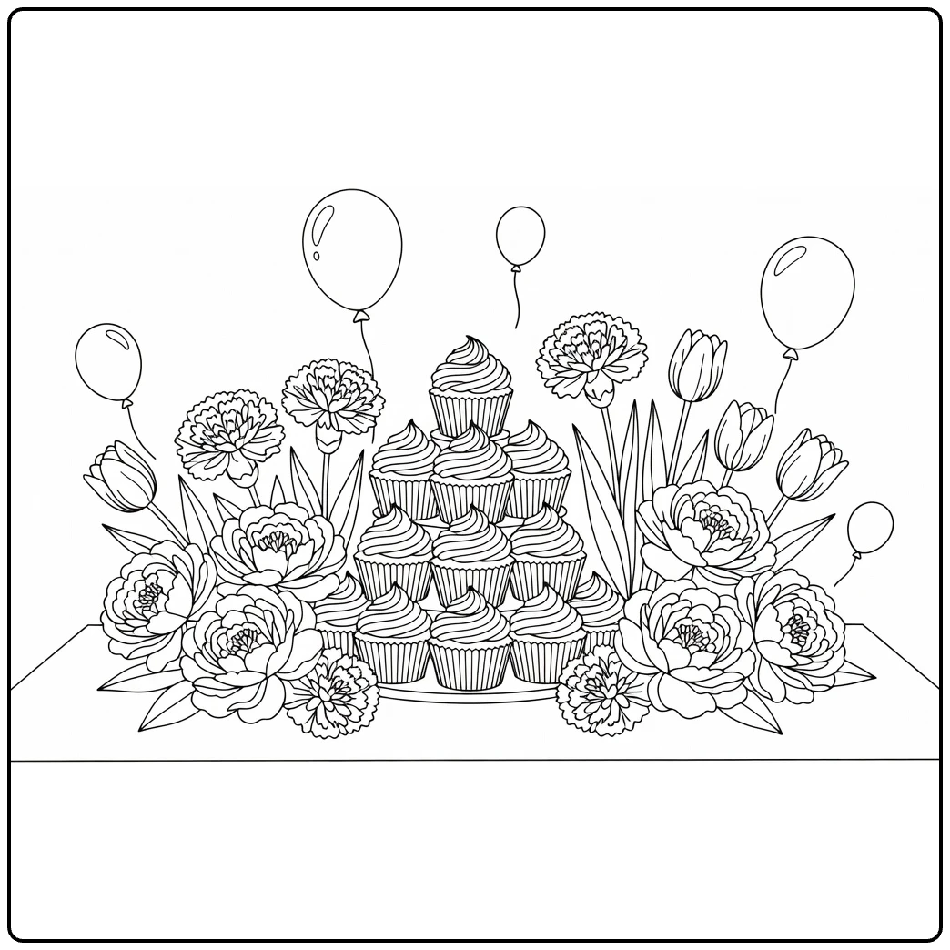 bloemen verjaardag kleurplaat met pioenrozen en tulpen