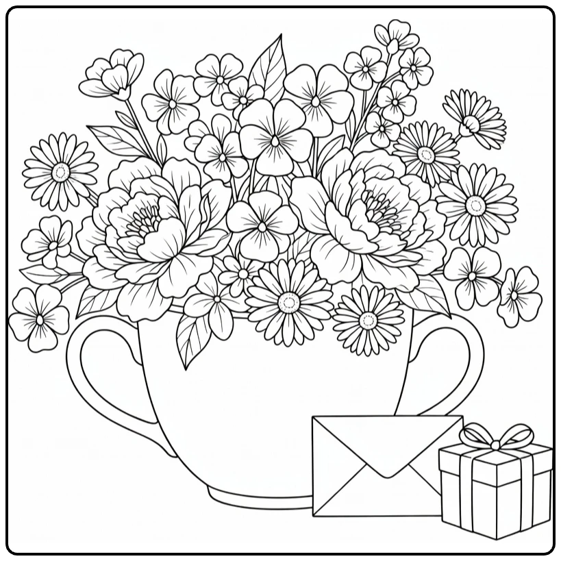 bloemen verjaardag kleurplaat theekop met bloemen en cadeau